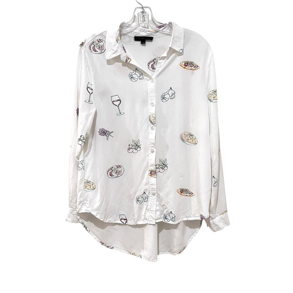 JANE + DELANCEY Shirt Womens Large White Wine Food Print Button Front Top